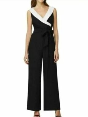 Sleeveless Tuxedo Black & White V-Neck Wrap Jumpsuit with Waist Tie